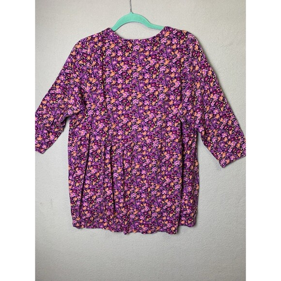 J. Jill Top Smocked Bodice Tunic XL Pink Glow Lively Flowerbed Button Front - Picture 2 of 7